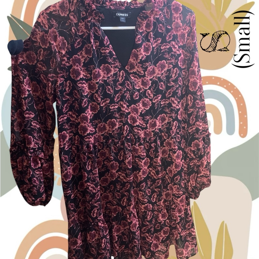 Express Black and Pink Ruffled Dress with Notched Collar